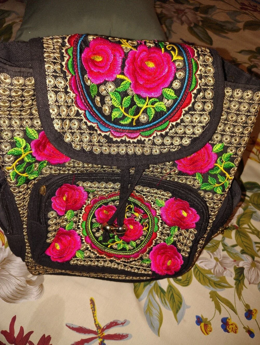Source Unknown Black Backpack with Bright Pink Floral Embroidery
